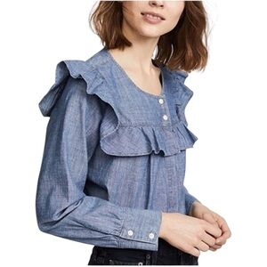 Madewell Womens Chambray Ruffle Yoke Button Up Top XS